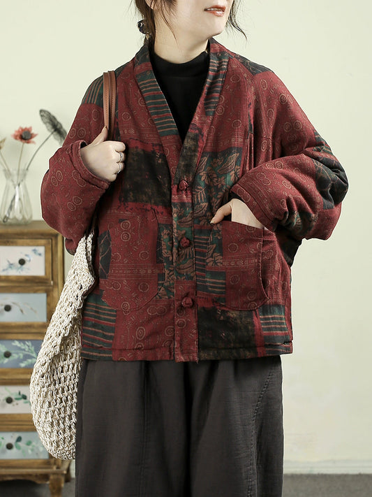 Women Autumn Vintage Flower V-Neck Cotton Padded Coat