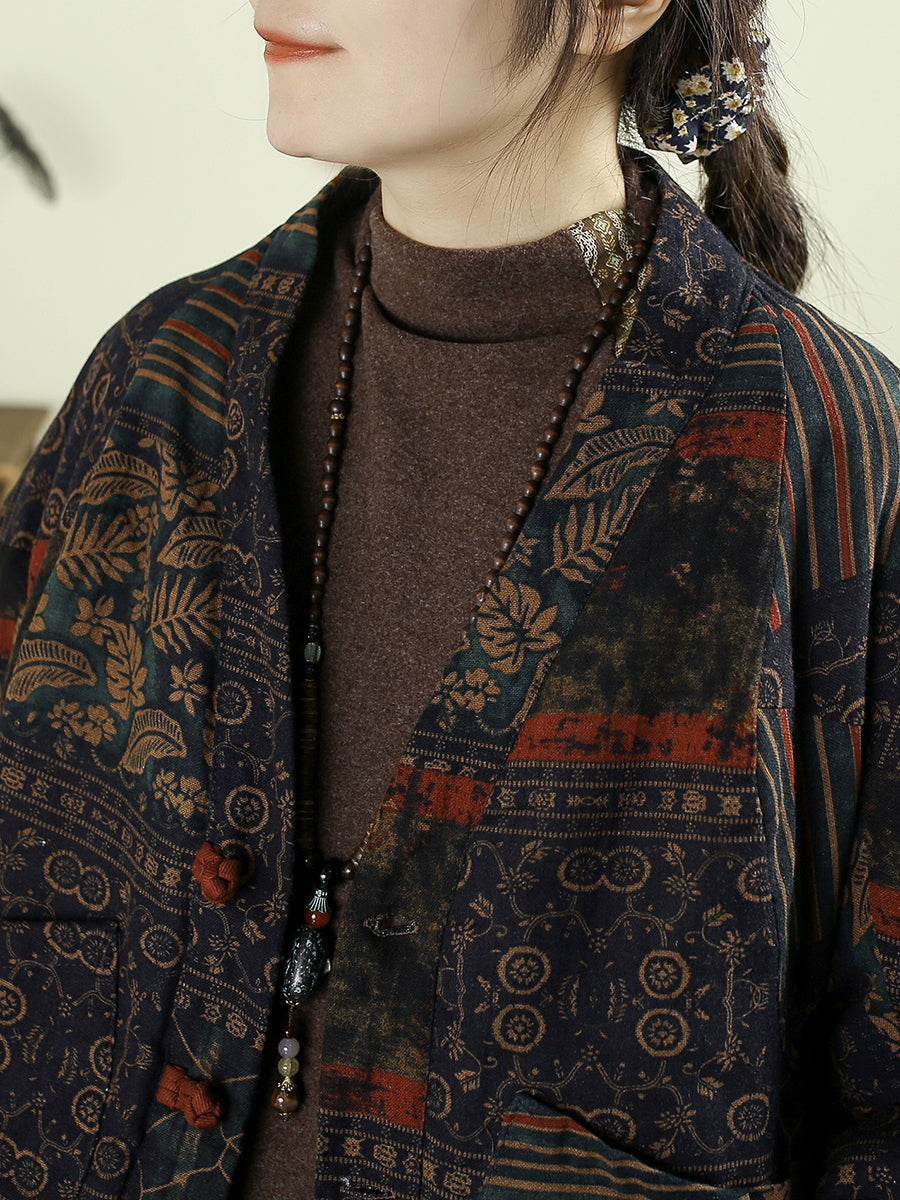 Women Autumn Vintage Flower V-Neck Cotton Padded Coat