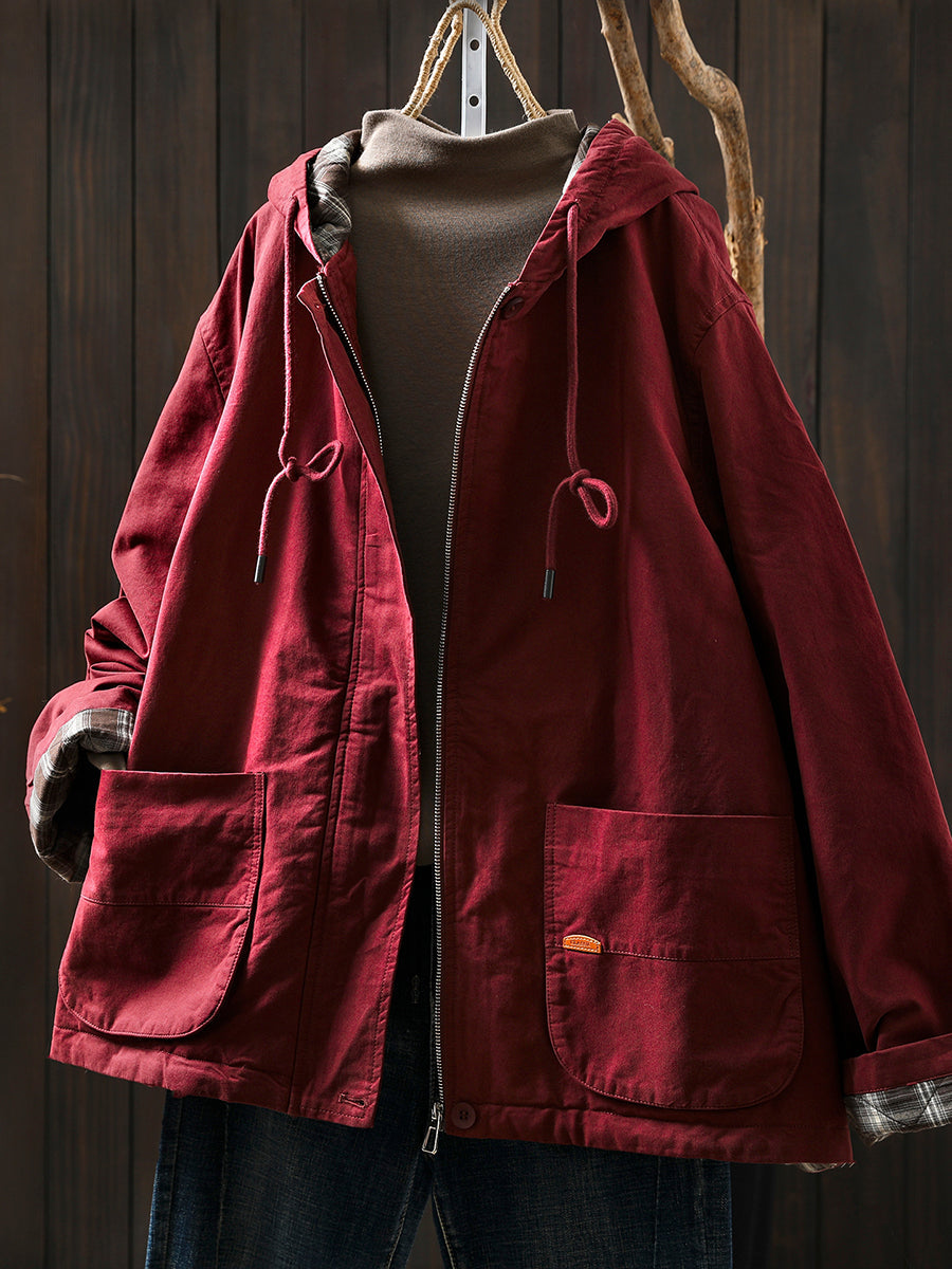 Women Autumn Retro Pure Color Cotton Hooded Jacket