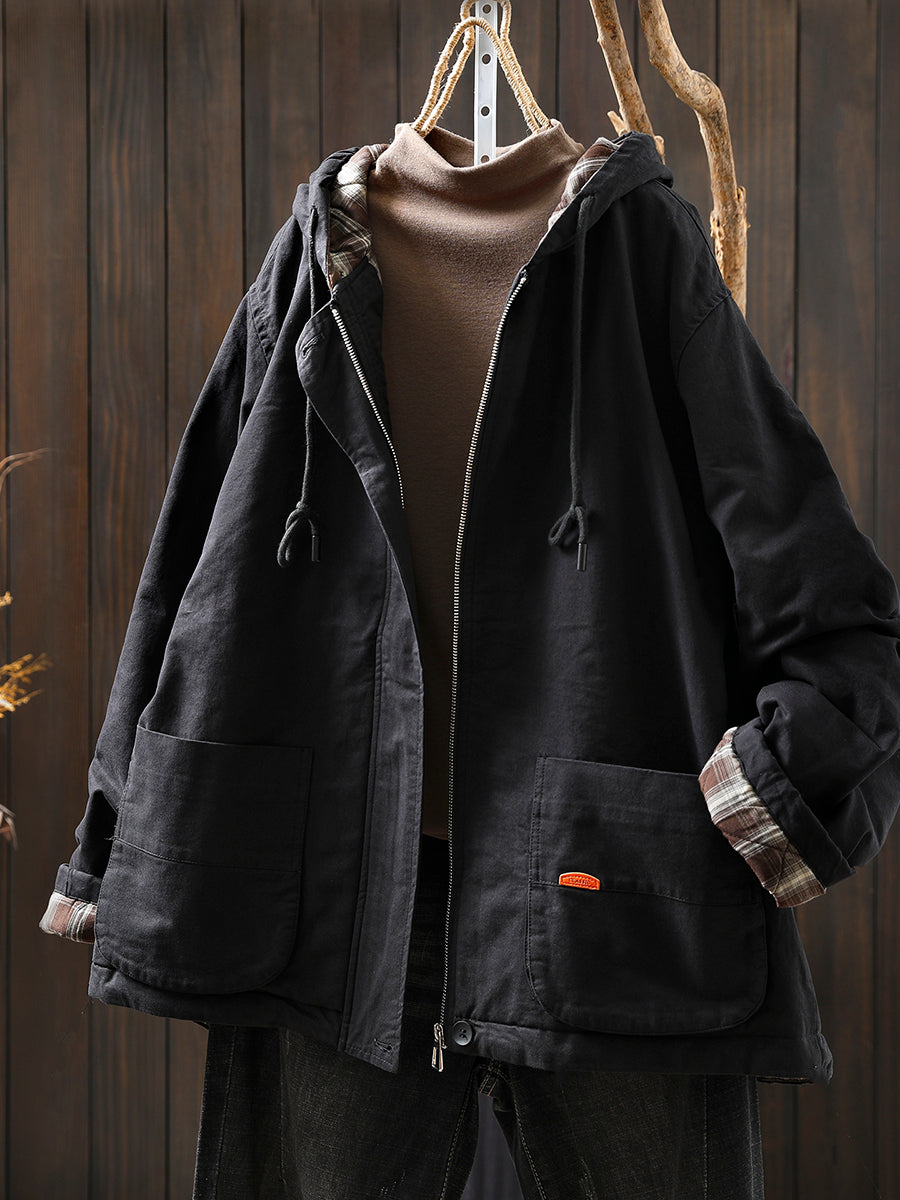 Women Autumn Retro Pure Color Cotton Hooded Jacket