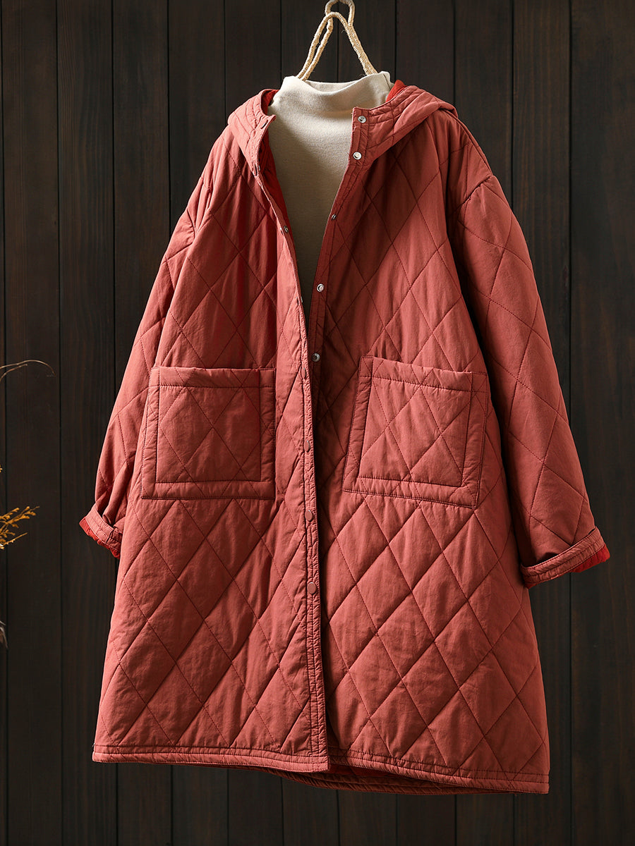 Women Autumn Casual Pure Color Hooded Padded Coat