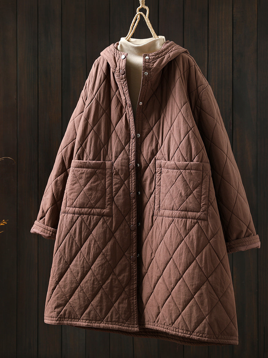 Women Autumn Casual Pure Color Hooded Padded Coat