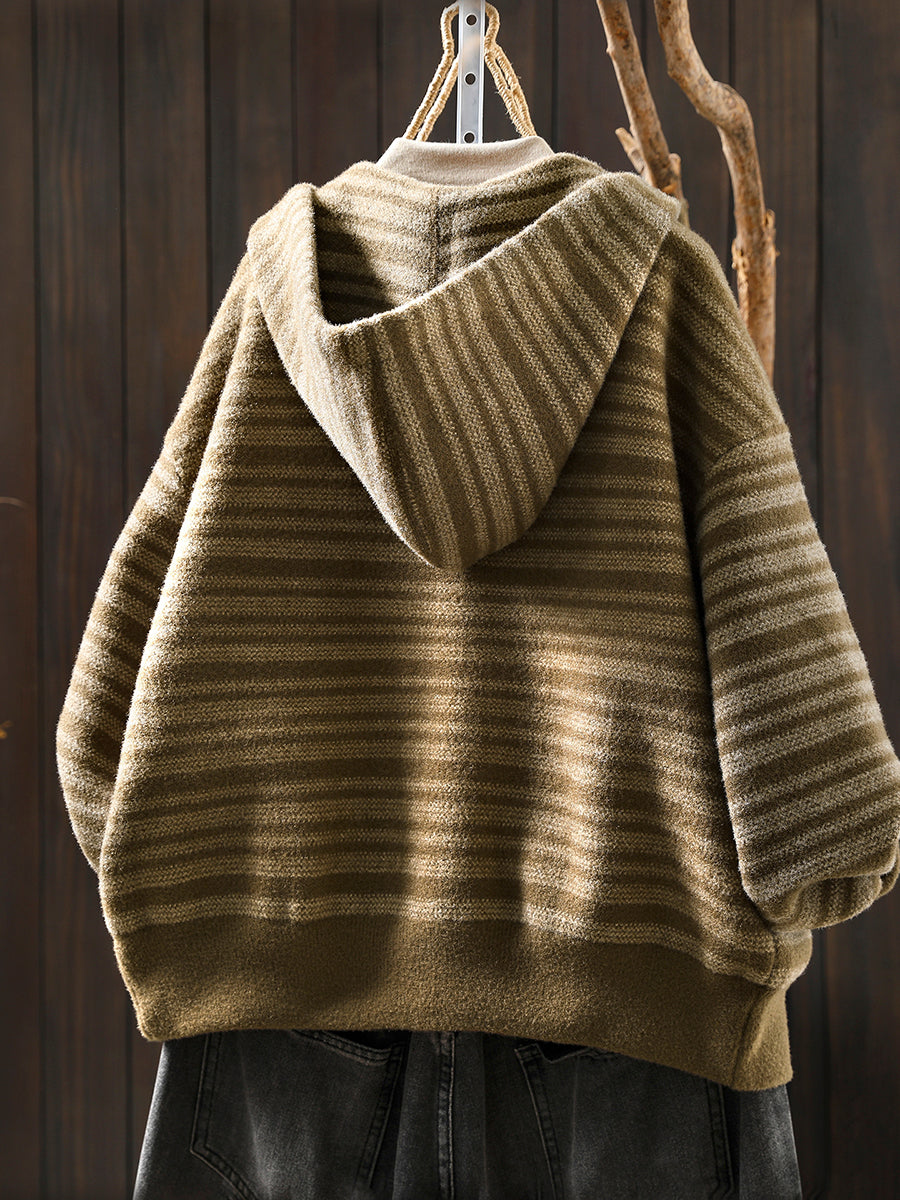 Women Autumn Artsy Stripe Knitted Hooded Jacket