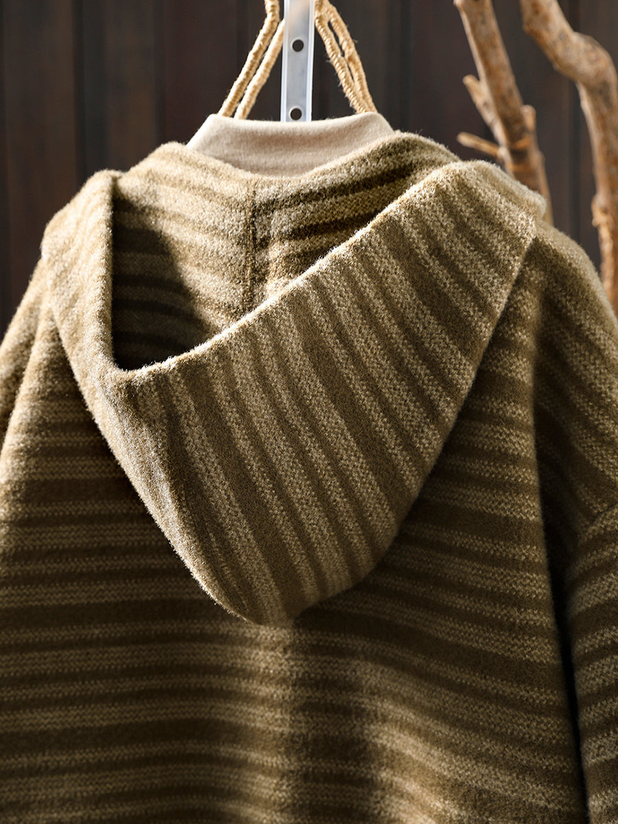 Women Autumn Artsy Stripe Knitted Hooded Jacket