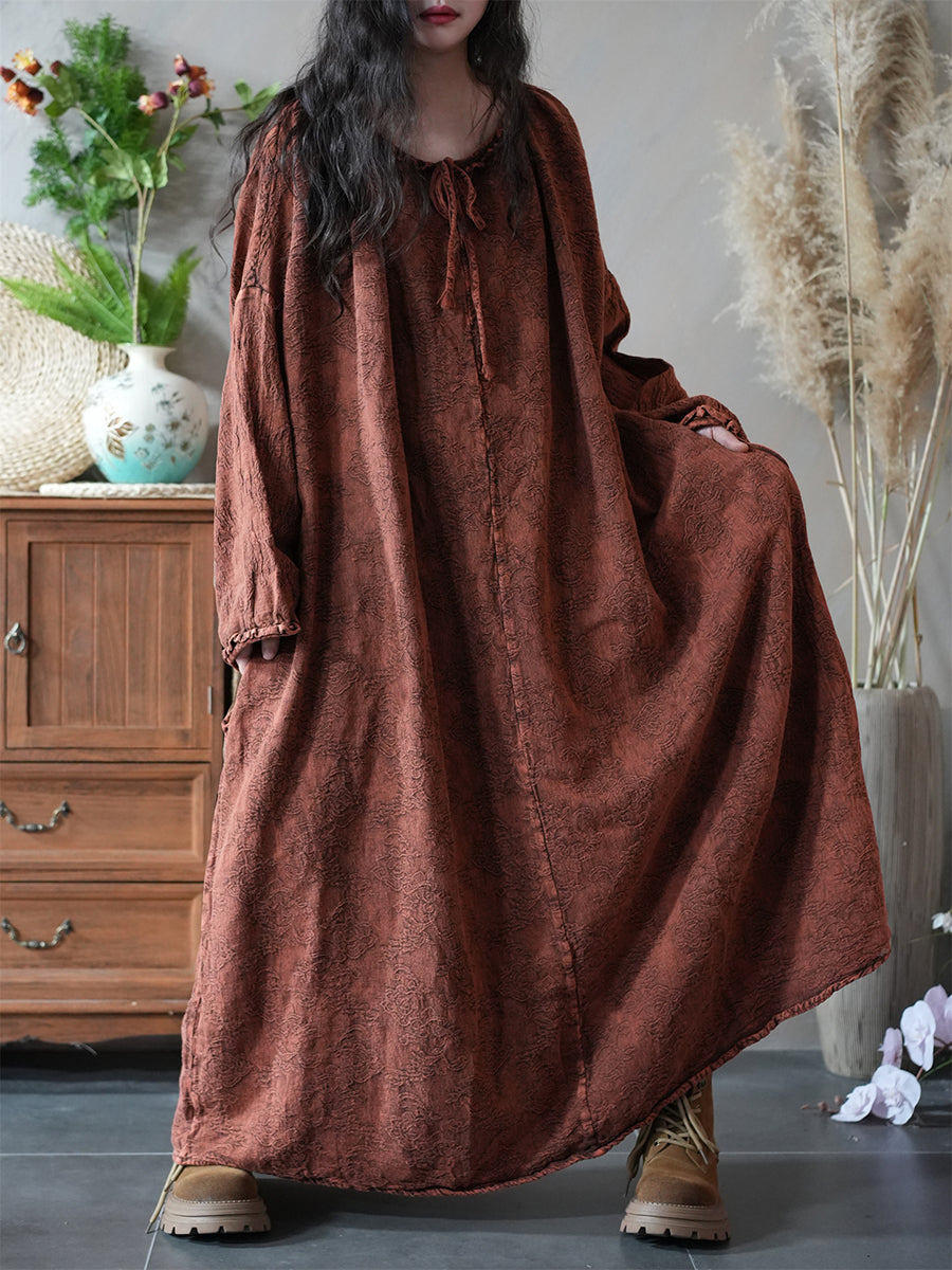 Women Autumn Retro Jacquard O-Neck 100%Linen Dress