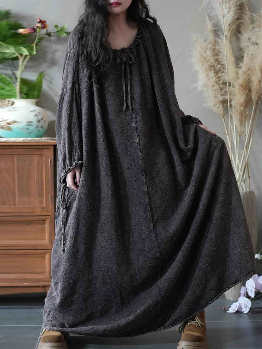 Women Autumn Retro Jacquard O-Neck 100%Linen Dress