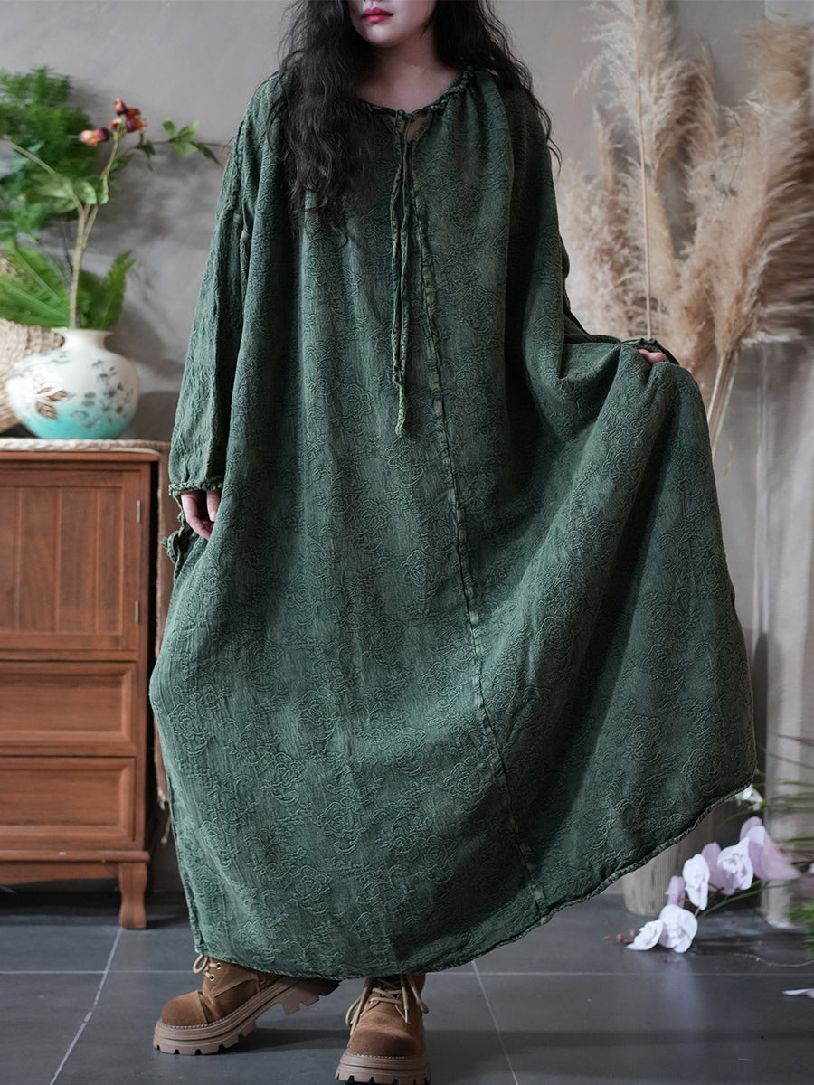 Women Autumn Retro Jacquard O-Neck 100%Linen Dress