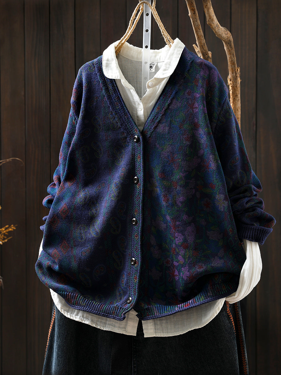 Women Autumn Flower V-Neck Knitted Sweater Coat
