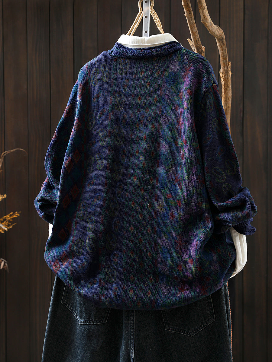 Women Autumn Flower V-Neck Knitted Sweater Coat