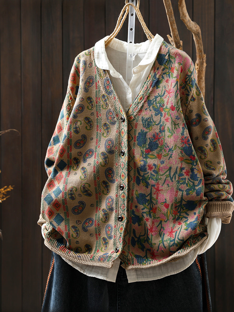 Women Autumn Flower V-Neck Knitted Sweater Coat