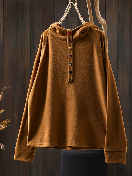 Women Autumn Casual Pure Color Cotton Hoodie