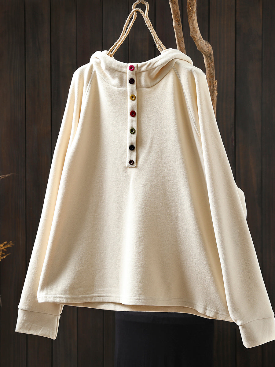 Women Autumn Casual Pure Color Cotton Hoodie