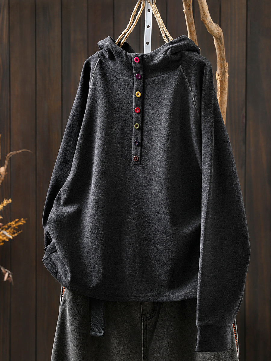 Women Autumn Casual Pure Color Cotton Hoodie