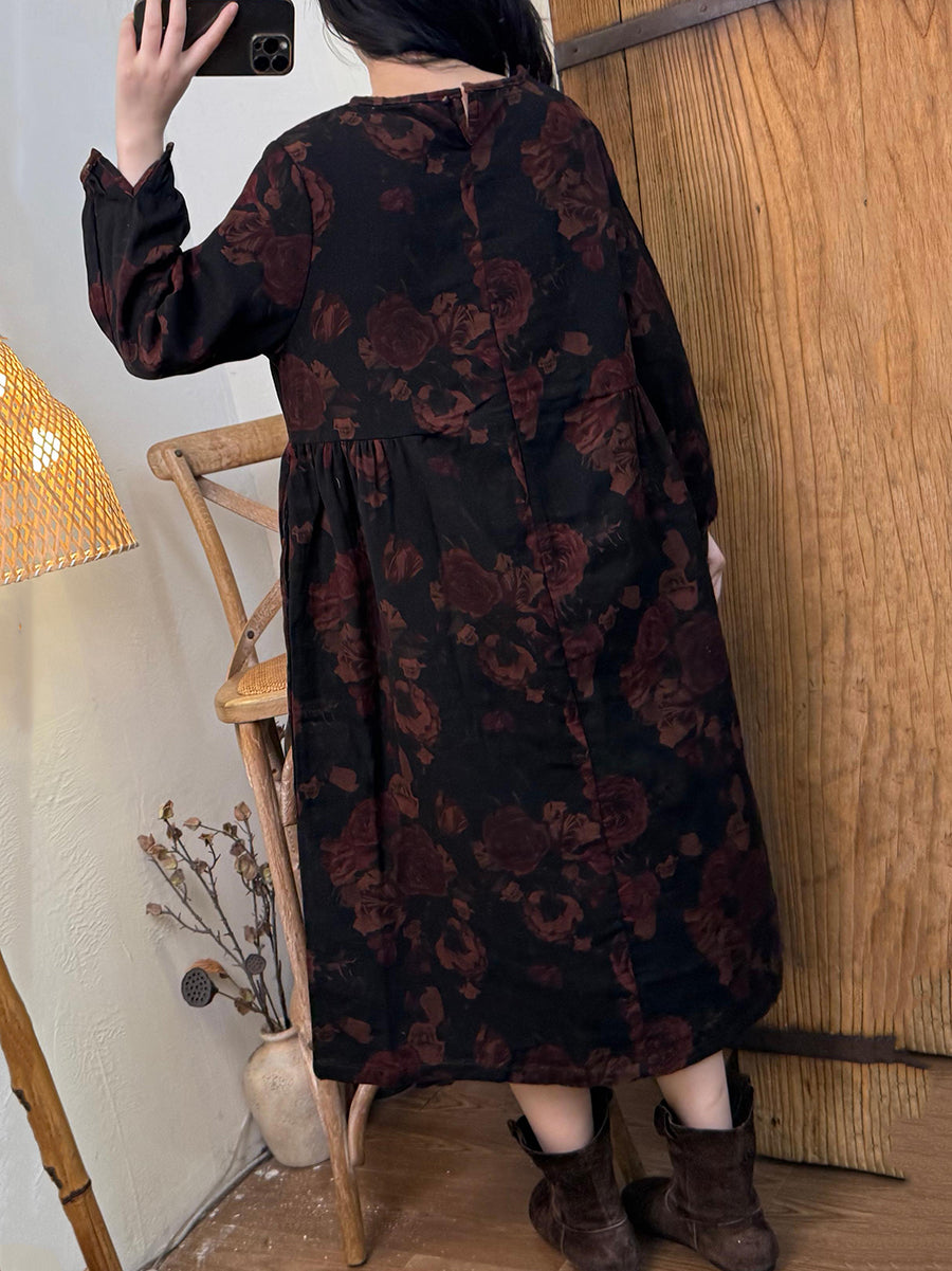 Women Autumn Vintage Flower O-Neck Cotton Dress