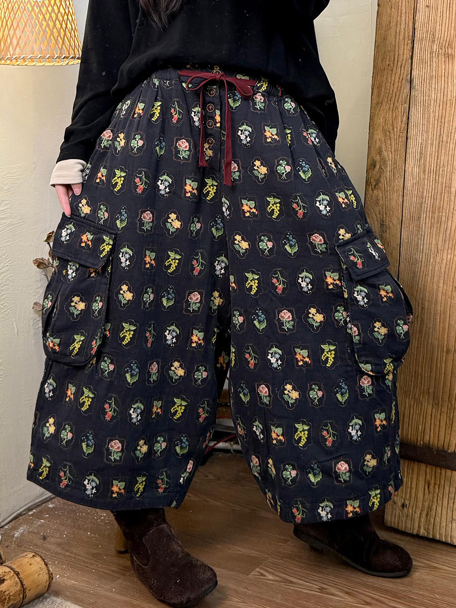 Women Autumn Retro Floral Cotton Wide-leg Pants