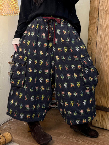 Women Autumn Retro Floral Cotton Wide-leg Pants