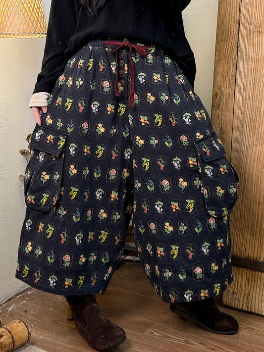 Women Autumn Retro Floral Cotton Wide-leg Pants
