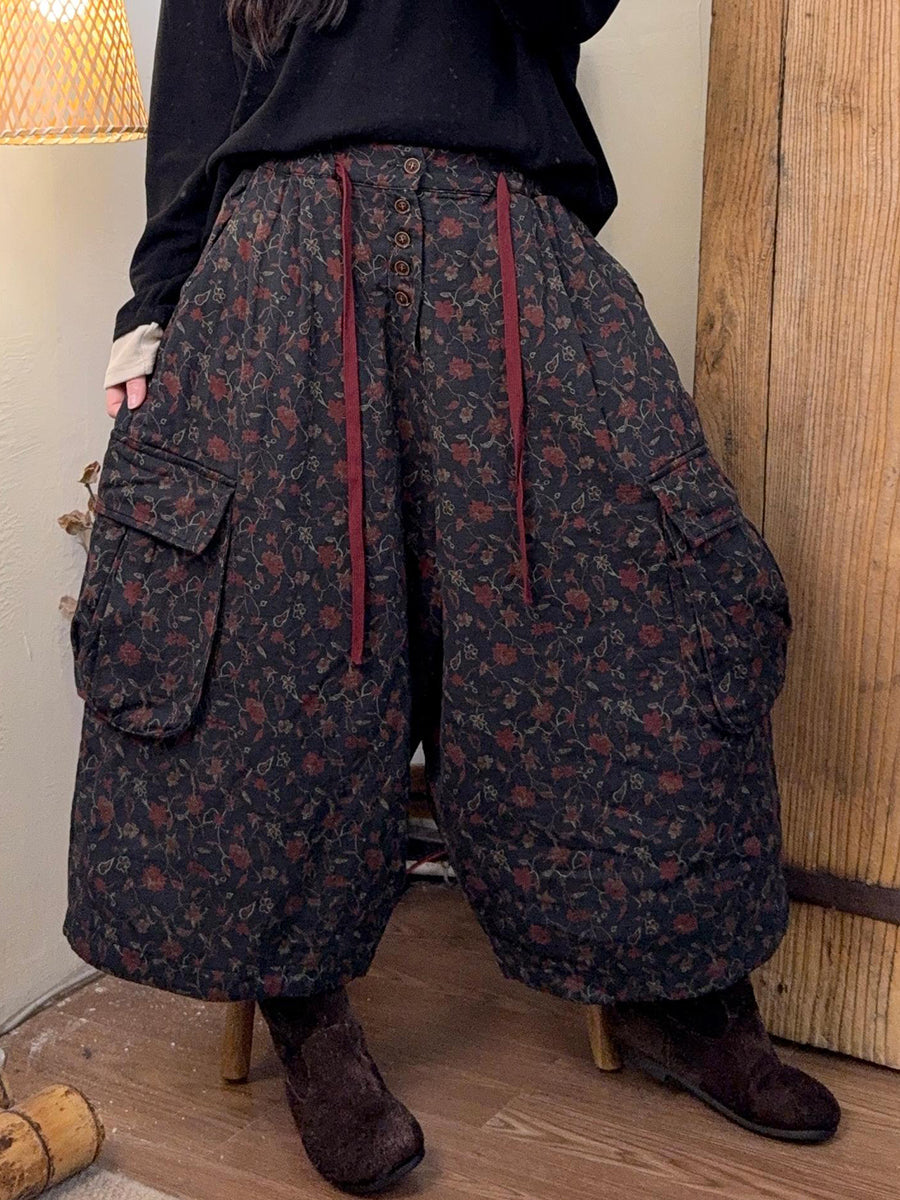Women Autumn Retro Floral Cotton Wide-leg Pants