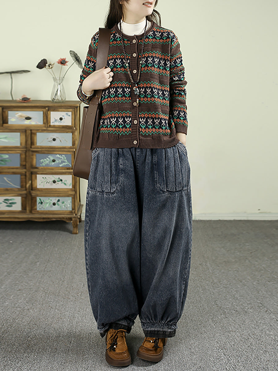 Women Autumn Retro Denim Spliced Harem Pants