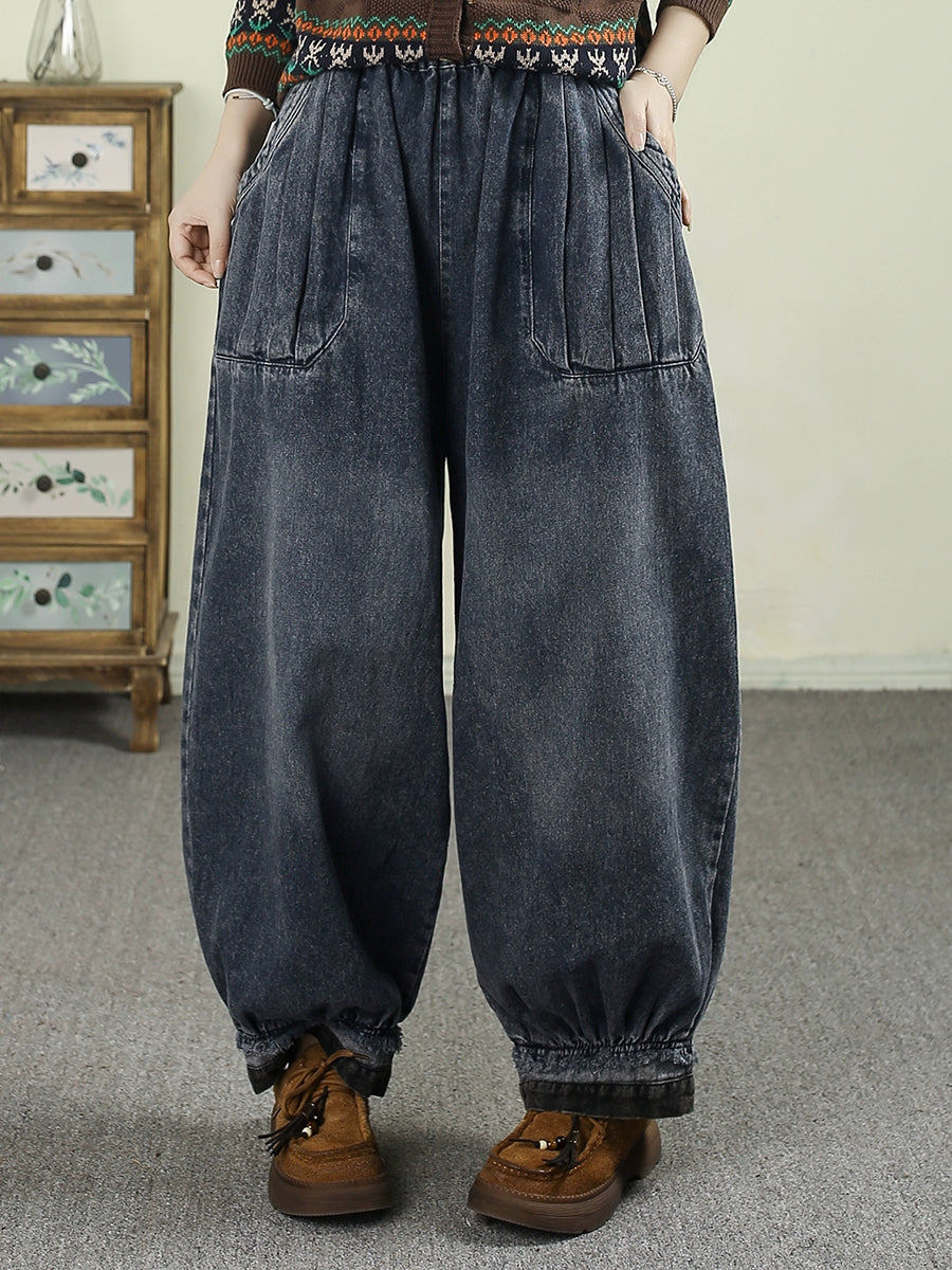 Women Autumn Retro Denim Spliced Harem Pants
