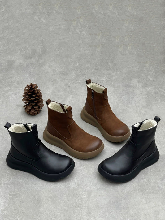 Women Vintage Genuine Leather Fleece-lined Platform Boots
