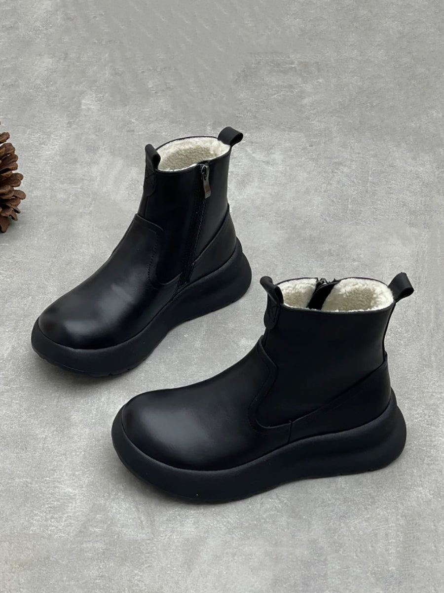 Women Vintage Genuine Leather Fleece-lined Platform Boots