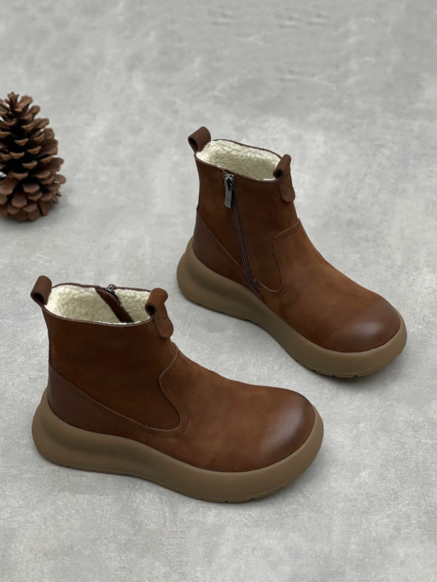 Women Vintage Genuine Leather Fleece-lined Platform Boots