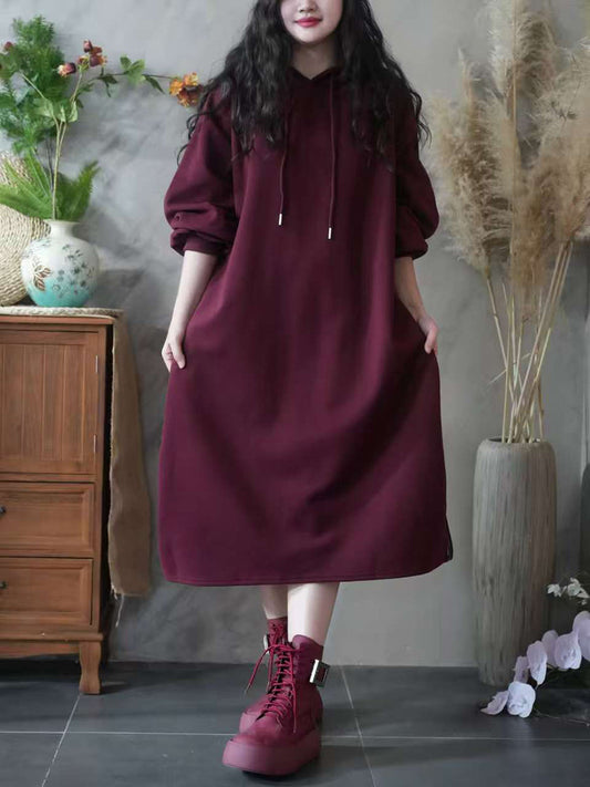 Women Autumn Casual Pure Color Hooded 100%Cotton Dress