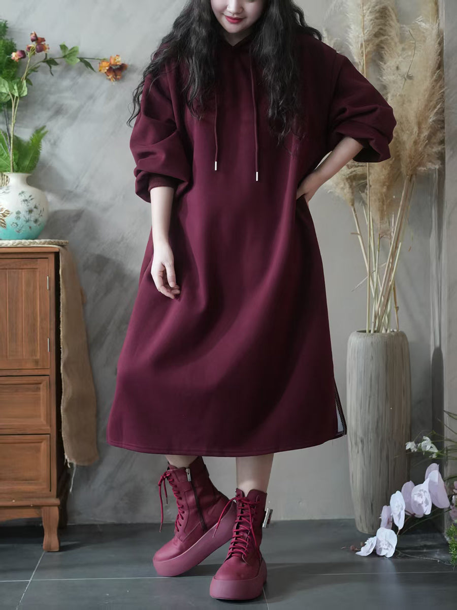 Women Autumn Casual Pure Color Hooded 100%Cotton Dress