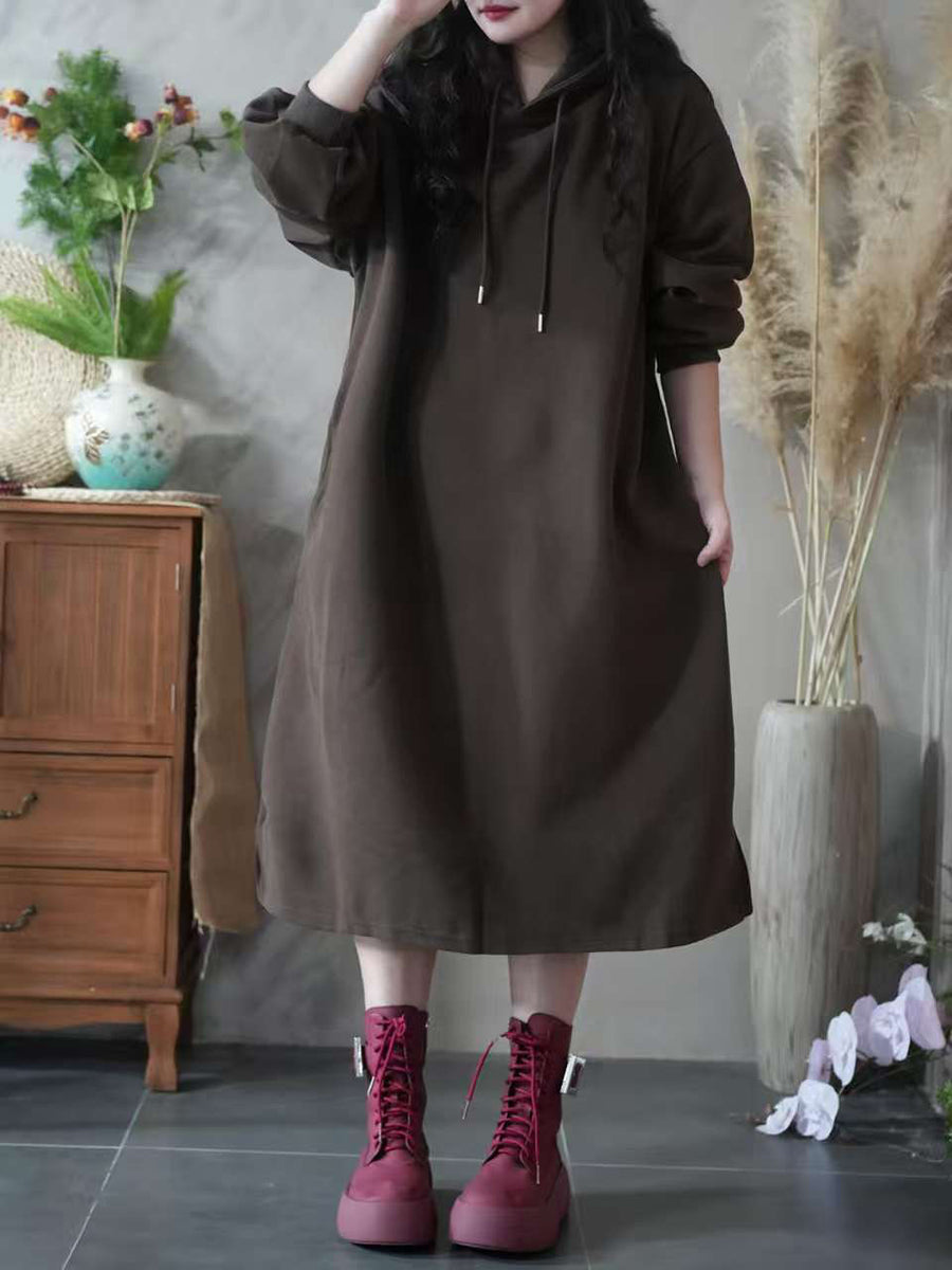Women Autumn Casual Pure Color Hooded 100%Cotton Dress