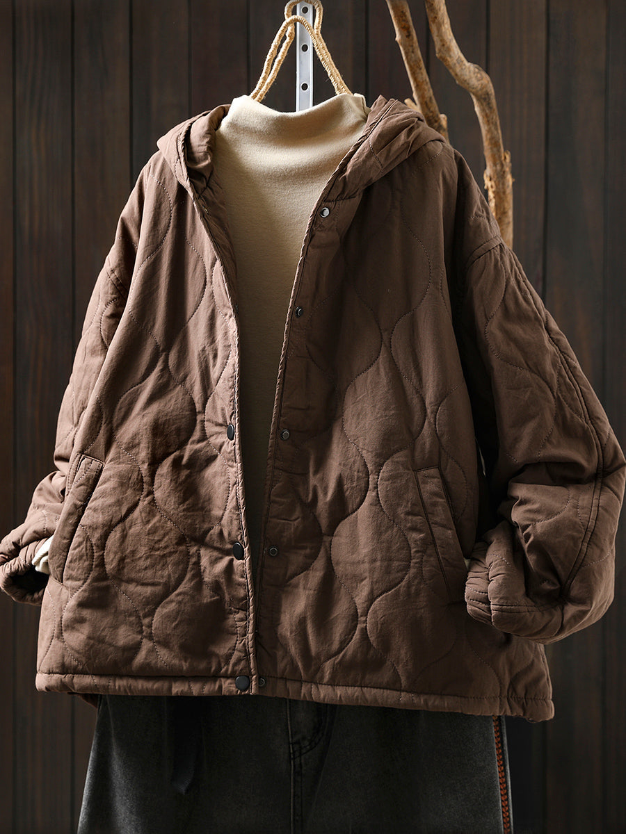 Women Autumn Casual Pure Color Hooded Padded Jacket