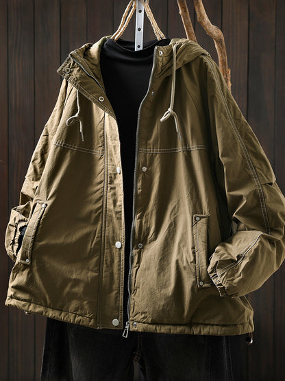 Women Autumn Retro Pure Color Hooded Padded Jacket