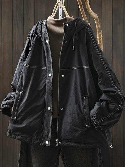 Women Autumn Retro Pure Color Hooded Padded Jacket