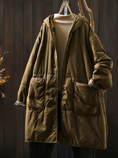 Women Autumn Casual Pure Color Hooded Padded Coat