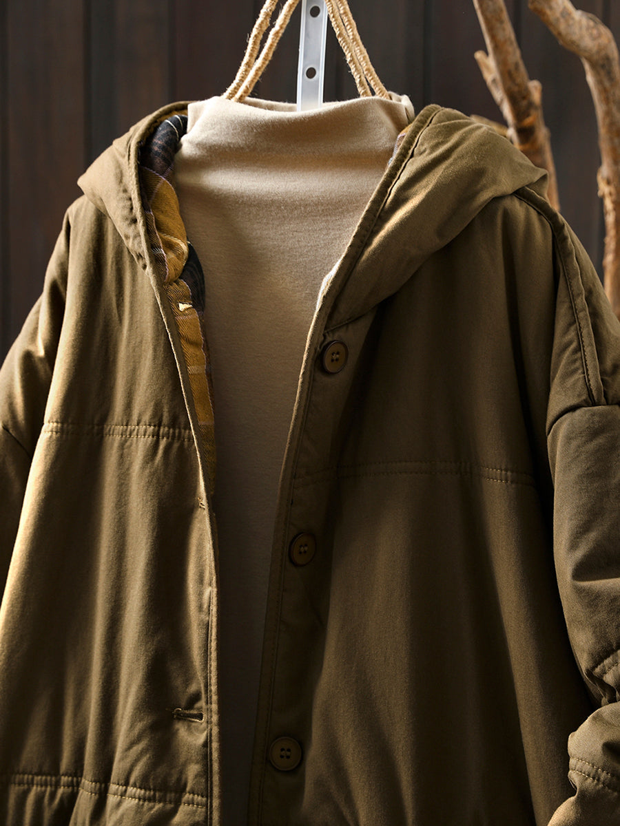 Women Autumn Casual Pure Color Hooded Padded Coat