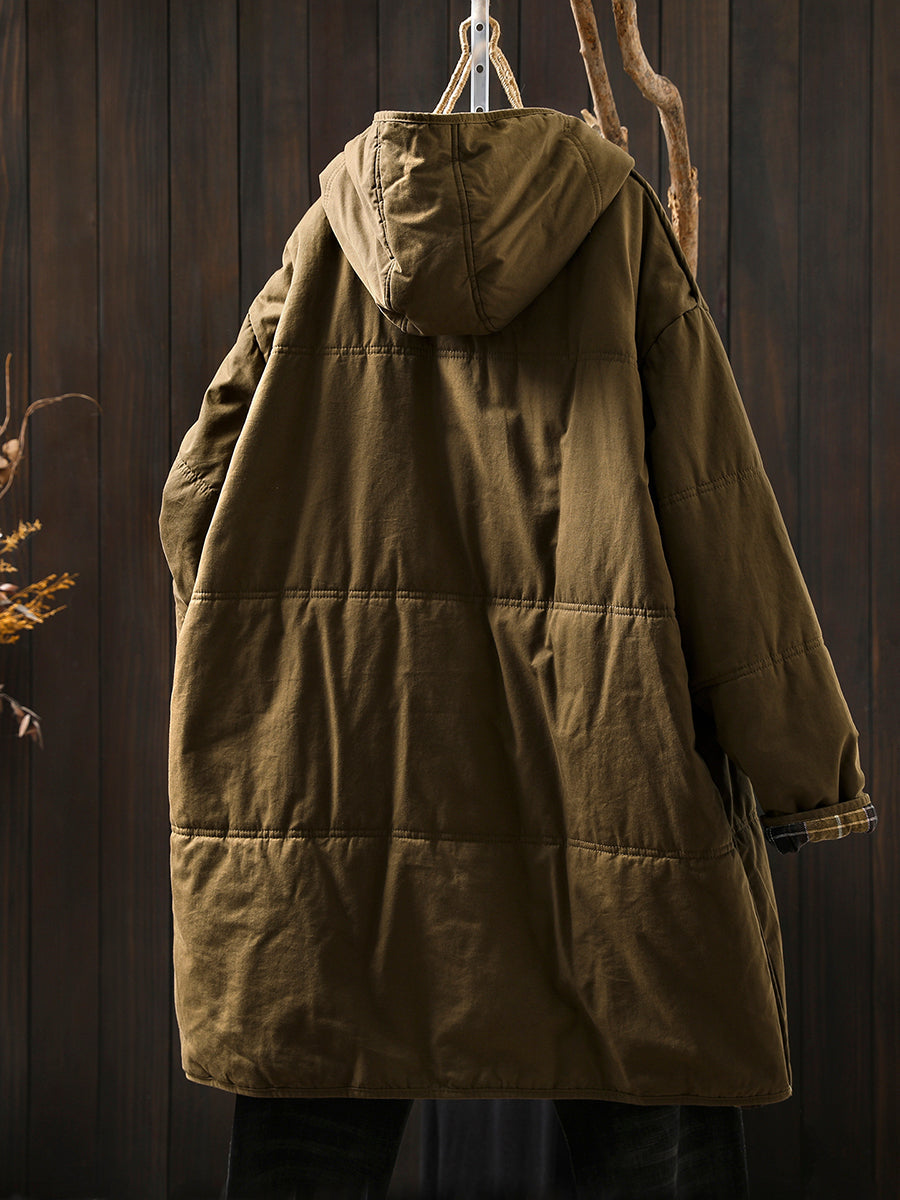 Women Autumn Casual Pure Color Hooded Padded Coat