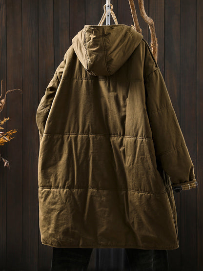 Women Autumn Casual Pure Color Hooded Padded Coat