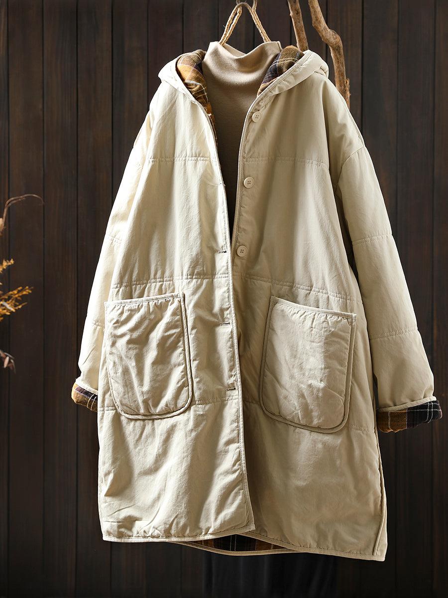 Women Autumn Casual Pure Color Hooded Padded Coat