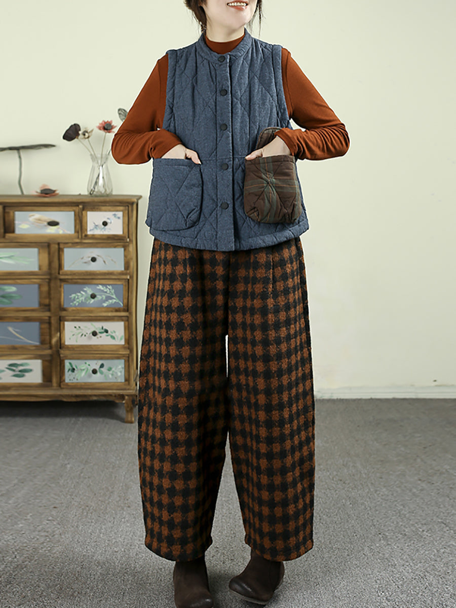 Women Winter Plaid Fleece-lined Straight Pants