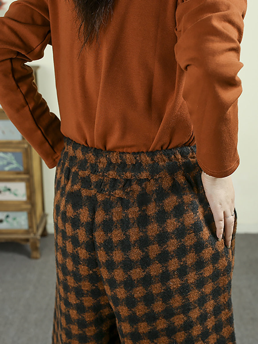Women Winter Plaid Fleece-lined Straight Pants
