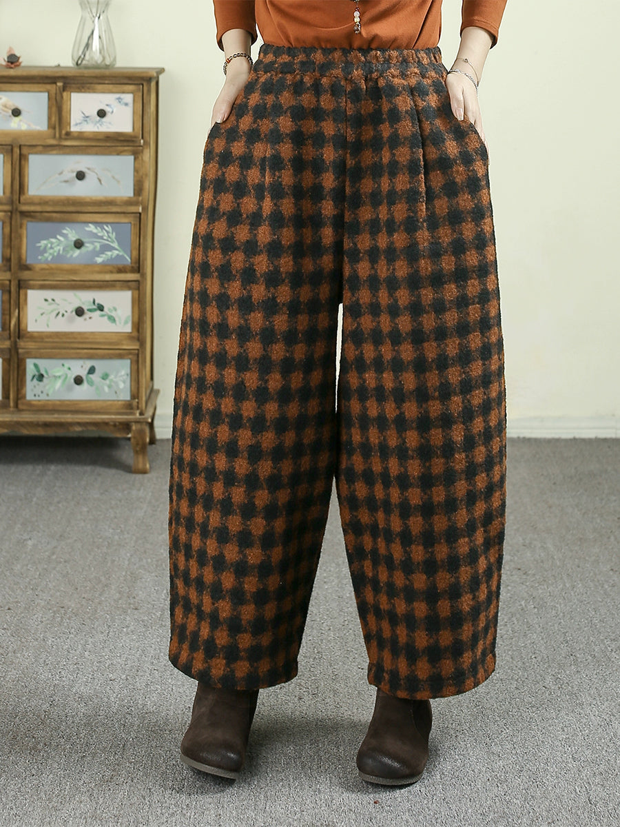 Women Winter Plaid Fleece-lined Straight Pants