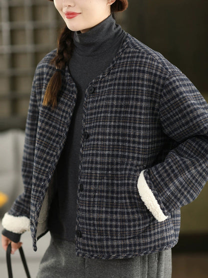 Women Autumn Vintage Plaid Fleece-lined V-Neck Coat