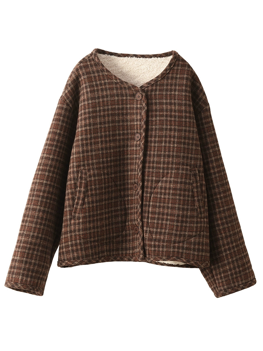 Women Autumn Vintage Plaid Fleece-lined V-Neck Coat