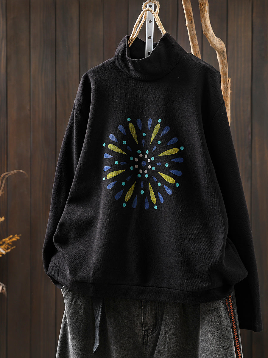 Women Autumn Casual Print Cotton Turtleneck Shirt