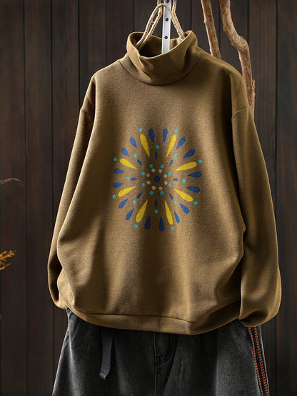 Women Autumn Casual Print Cotton Turtleneck Shirt