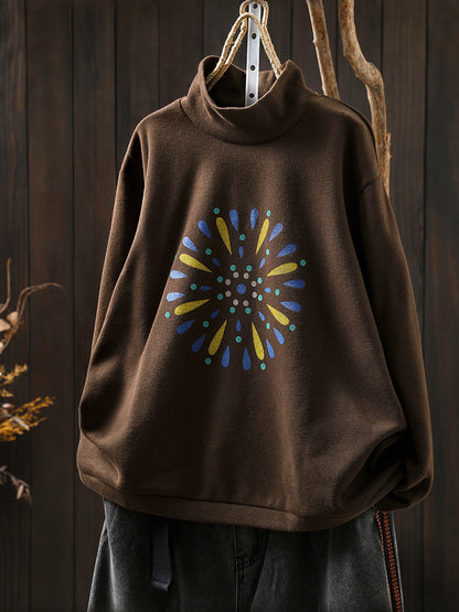 Women Autumn Casual Print Cotton Turtleneck Shirt