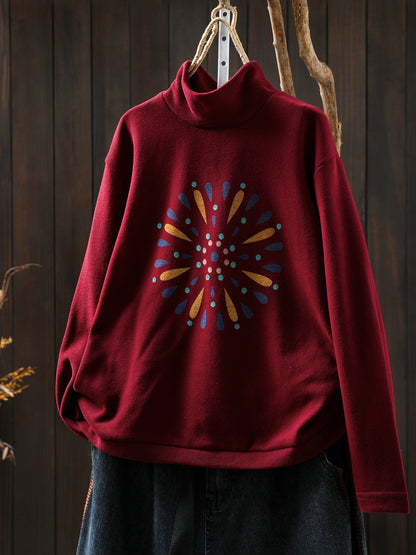Women Autumn Casual Print Cotton Turtleneck Shirt