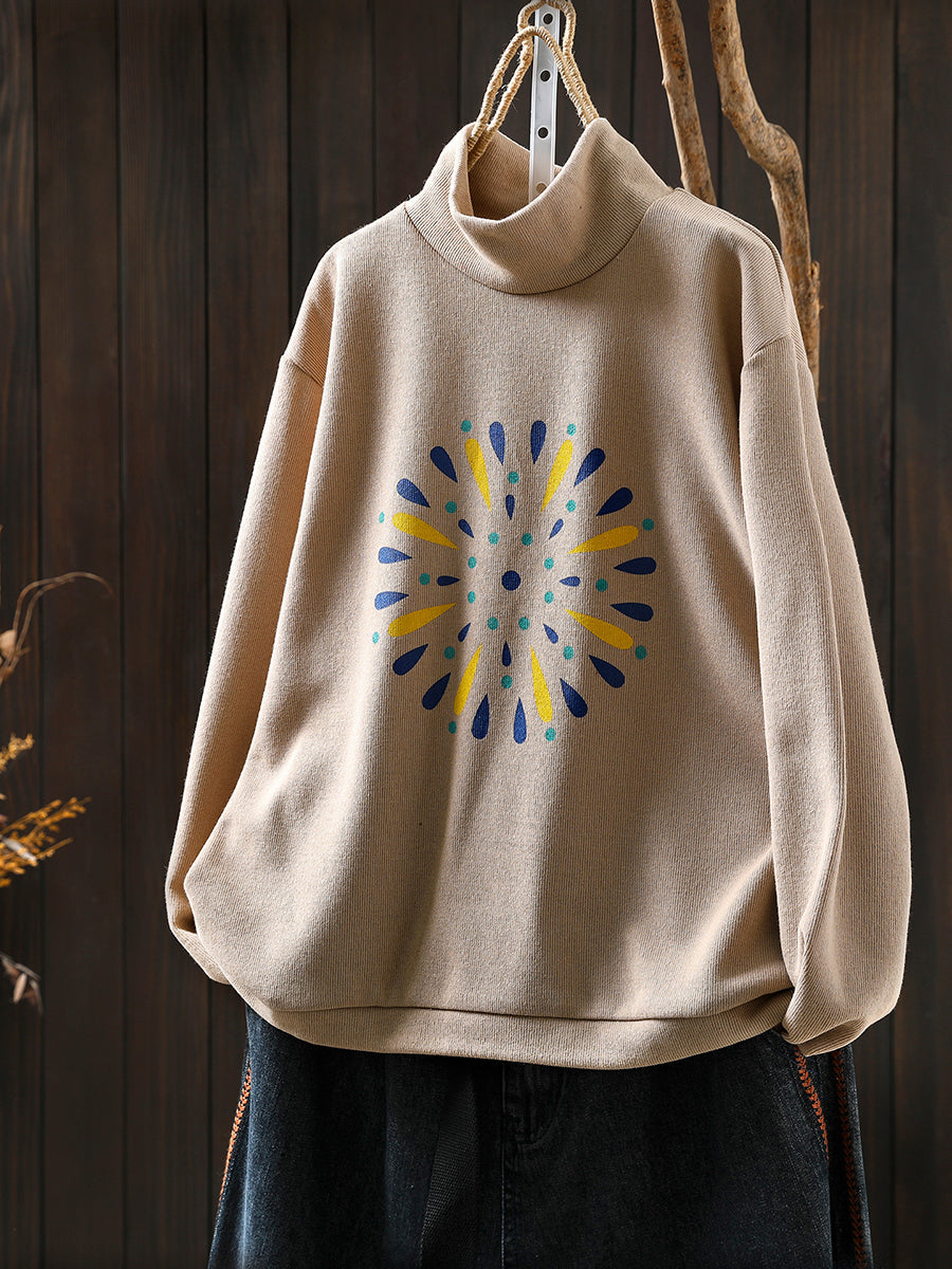 Women Autumn Casual Print Cotton Turtleneck Shirt