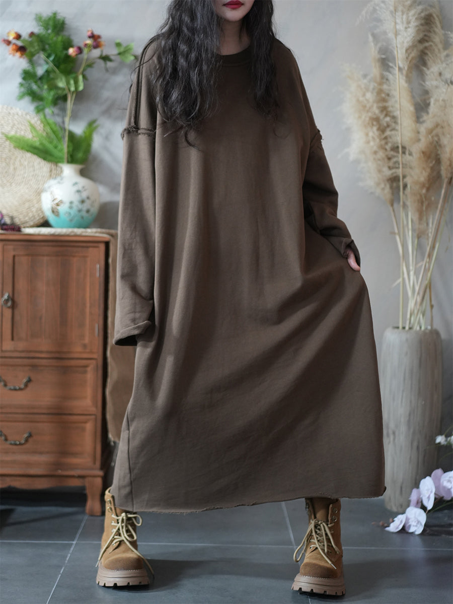 Women Autumn Casual Pure Color O-Neck Cotton Dress