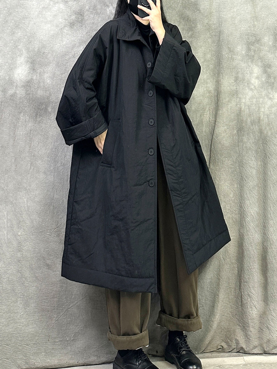 Women Winter Pure Color Turn-down Collar Long Padded Coat